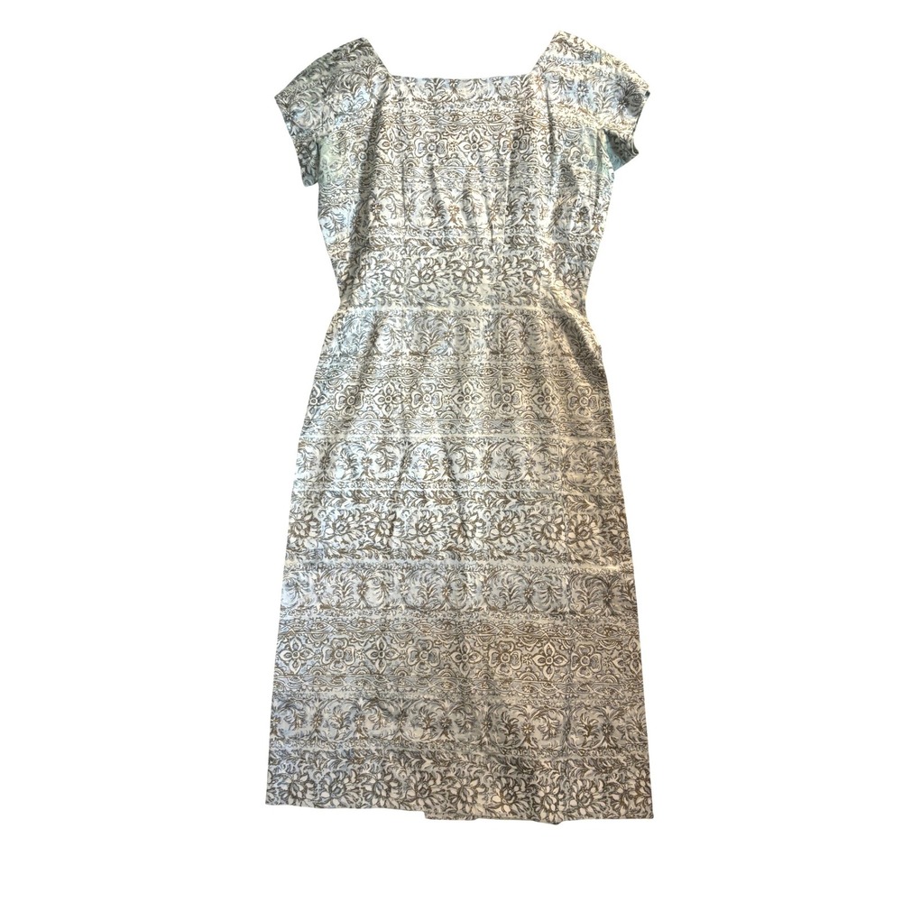 Vintage 50s 60s Agnes Barrett  Floral Metallic Brocade‎ Sheath Dress Blue Silver